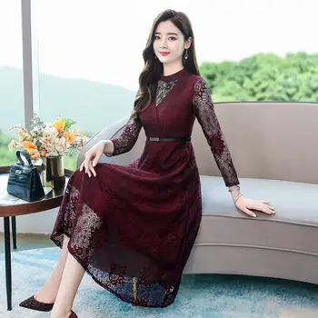 

Lace Hollow Long-sleeved Dress Women's Mid-length Dress Fall 2020 New Fashion Long Sleeve Elegant Party Dress With Zipper K1111