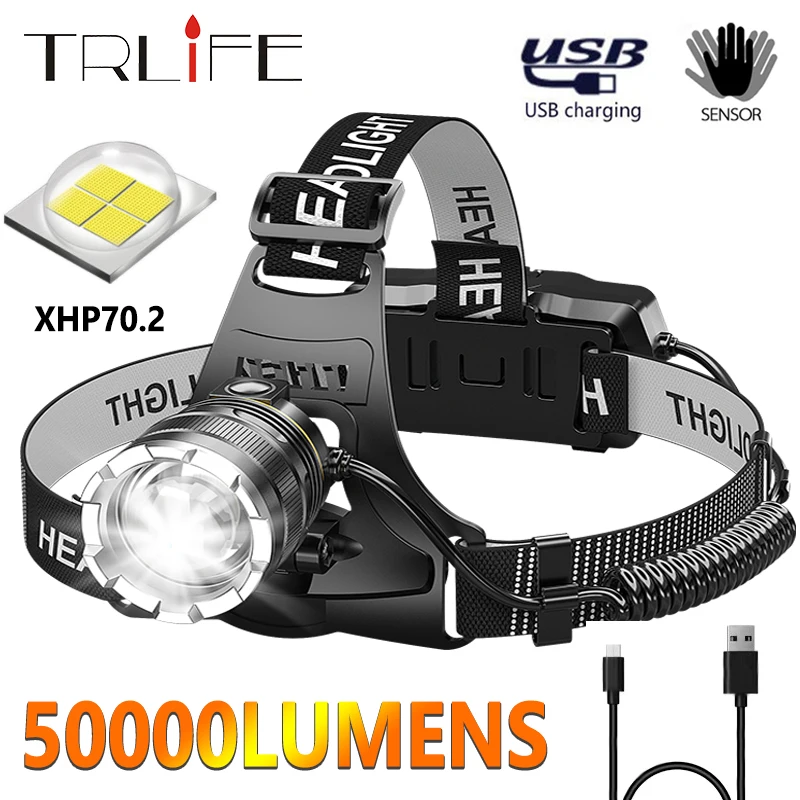 500000LM Powerful Headlamp XHP70 LED Headlight Sensor Outdoor Waterproof USB Rechargeable Zoom Head Flashlight Use 18650 Batter | Лампы и