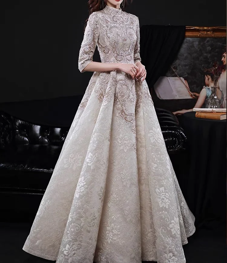 Luxury Champagne Lace Long Evening Dresses Half Sleeves Beaded Elegant Formal High Neck A-Line Wedding Celebrity Prom Gowns New