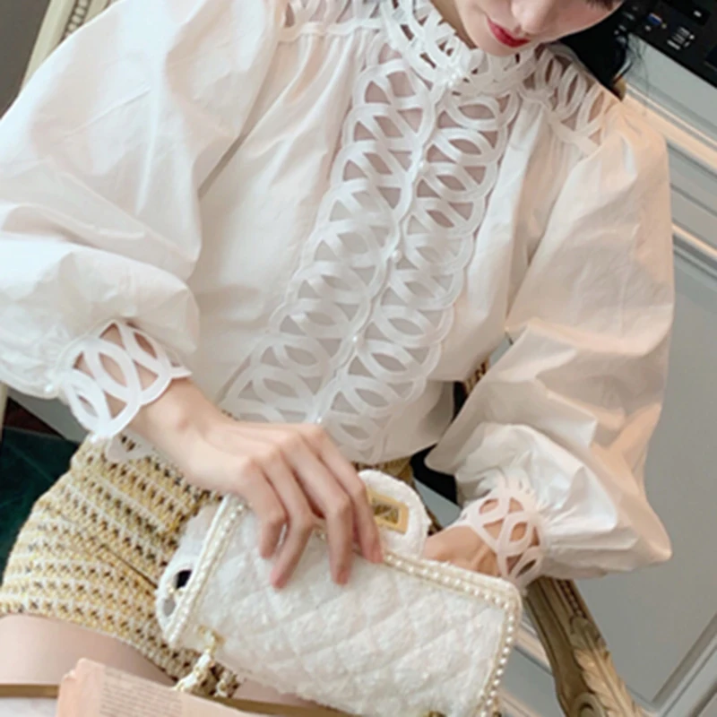 

HIGH QUALITY New Fashion 2019 Designer Shirt Women's Lantern Sleeve Hollow Out Blouse Shirt