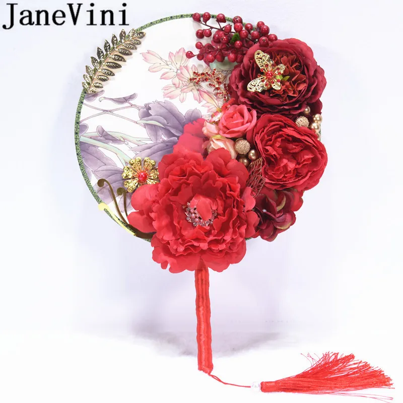 JaneVini искусственные пионы для невесты букеты красные шелковые цветы кисточкой для женщин Свадебные подиума пышный свадебный веер букет де Роза