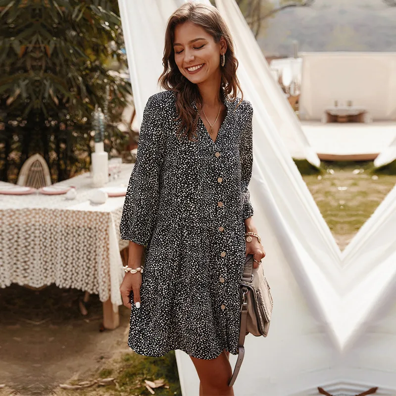 

2020 New Casual Summer Dress Women Single Breasted Print Above Knee Mini V-neck Three Quarter Sleeve Dress