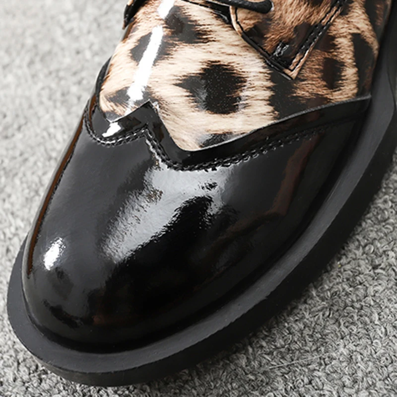 [DEAT] Round Toe Leopard Print Patent Leather Bandage Casual Velvet Women Short Boots New Autumn Winter Fashion Tide 10E728
