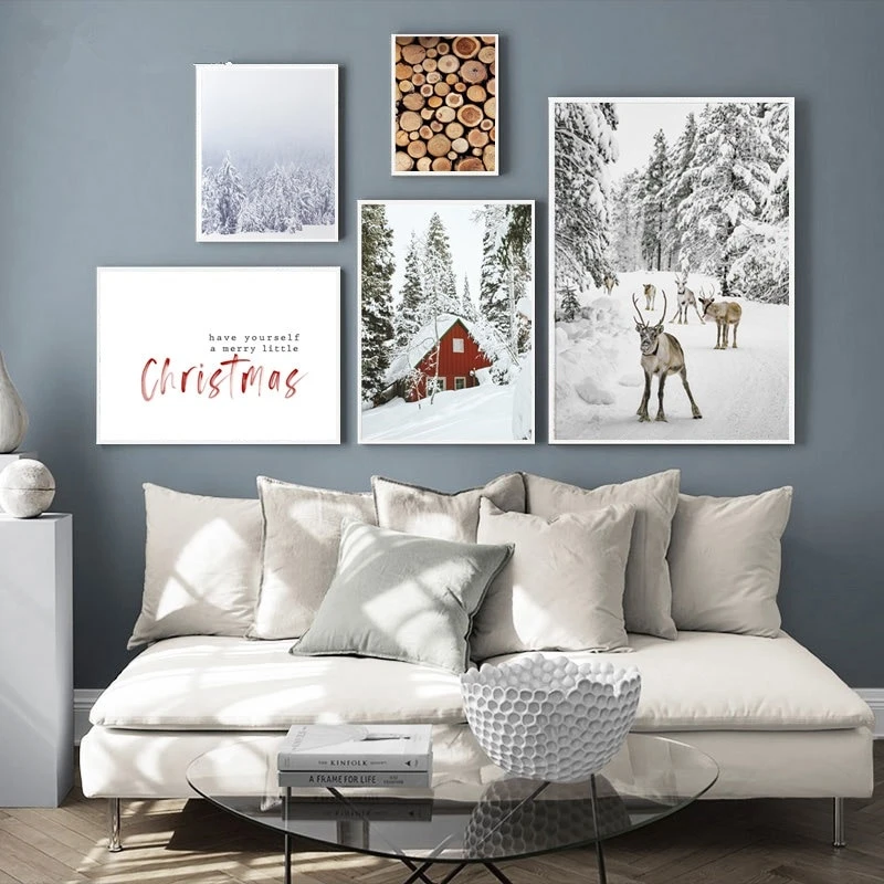 Pintura en lienzo estilo navideño, arte de pared, paisaje de invierno,  impresiones, póster nórdico, imagen, sala de estar, decoración del  hogar|Pintura y caligrafía| - AliExpress