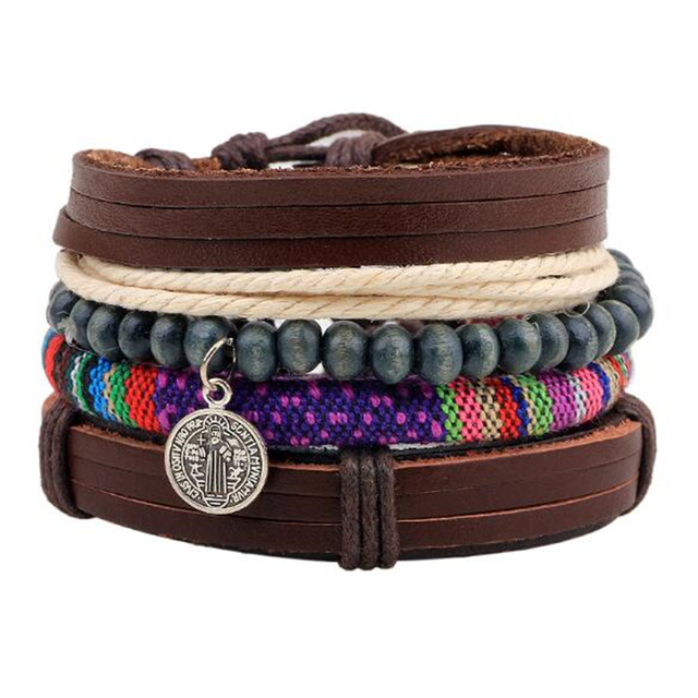 Stone Men Bracelet Multi-layer Handmade Weaved Punk Leather Rope Chain Stainless Steel Bangle Male Jewelry Gifts