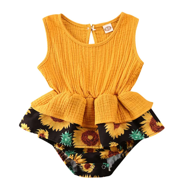 

pudcoco Infant Clothing Baby Girl Sleeveless Patchwork Sunflower Ruffles Bodysuit Dress Summer One-Pieces Outfits