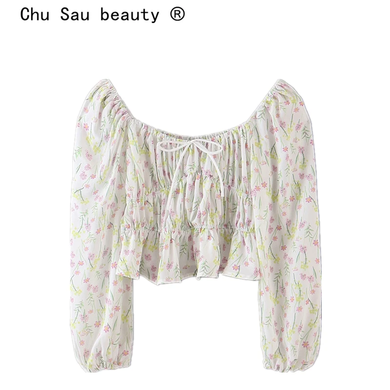 

Chu Sau beauty Sweet Chic Floral Printed Short Tops Women Pastoral Style Bow Tie Lady‘s Shirts Female Fashion Autumn Blouses