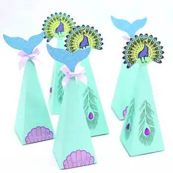 

10pcs Mermaid Peacock Birthday Party Decorations Favor Box DIY Paper Box Bags Baby Shower Boy Girl Little Mermaid Candy Boxes