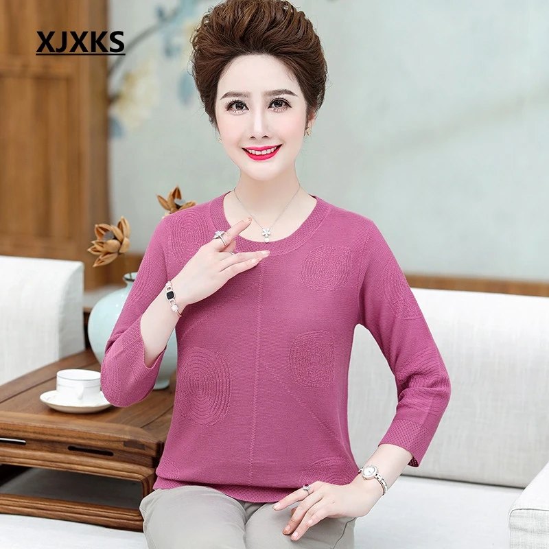 Pink Purple XJXKS осень Высокое качество женский свитер 7/10 рукав дышащий трикотаж плюс размер женский пуловер Женский вязаный свитер - Цвет: Pink Purple