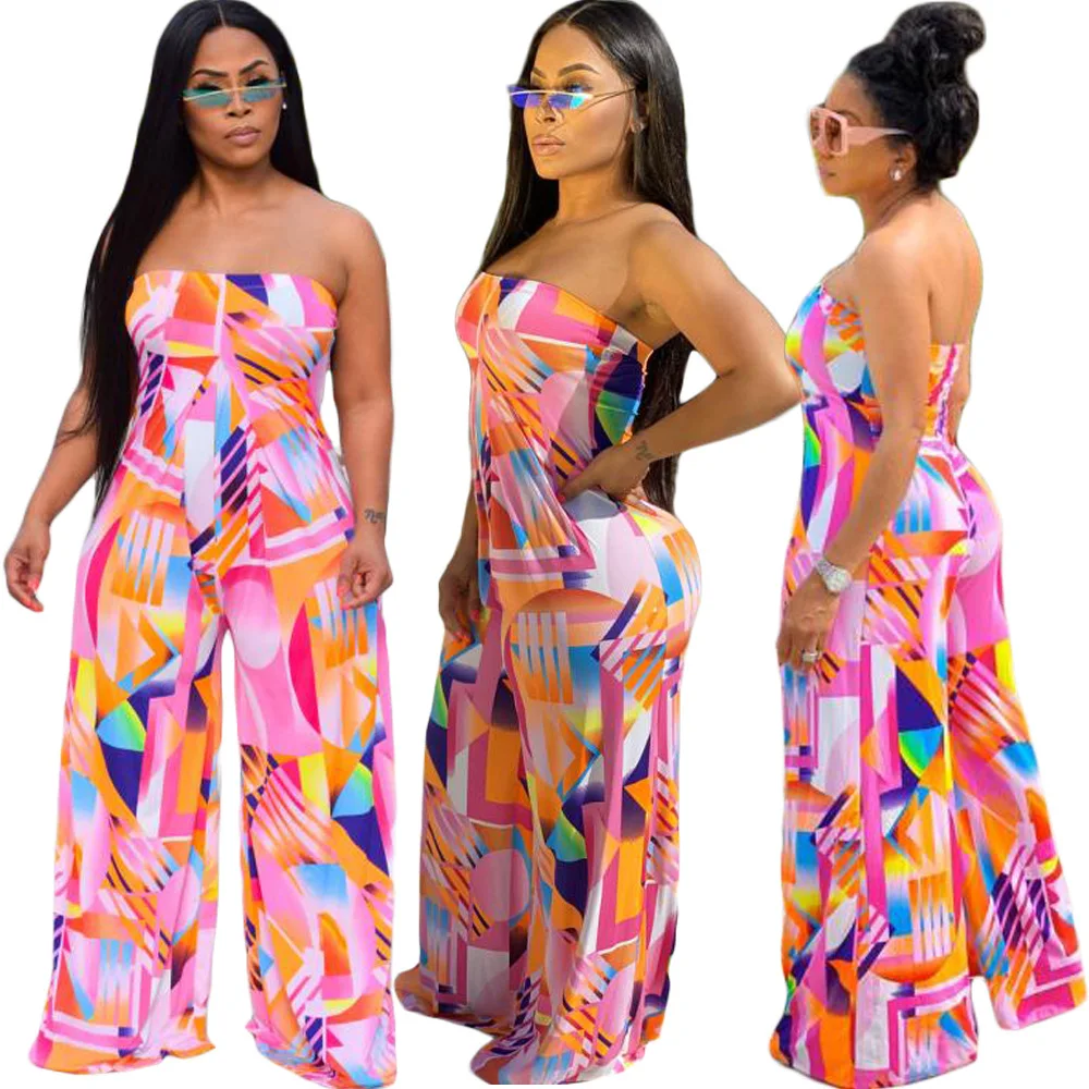 

2020 Summer Women Jumpsuit European And American Hot Style Sexy Colorful Print Strapless Bell-bottoms Fashion Casual Rompers