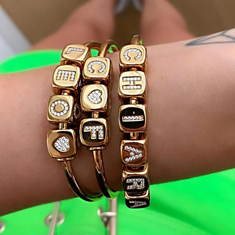 

YN Hot Cube Square Dice Letter Number Heart Cuff Bangle Customized FUN LOVE LOVE Copper Zircon Women Wedding Jewelry