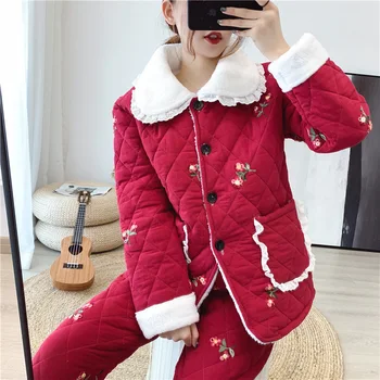 

Women Winter 2PCS Thicken Pajamas Set Coral Velvet Warm Nightwear Sweet Flower Print Shirt&Pant Sleepwear Lace Trim Home Clothes