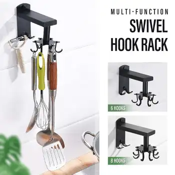 

Home Kitchen Organizer Wall Mounted Swivel 6/8 Hook Hanging Rotating Hook Holder Rack Spatula Colander Hook Rack Key Hanger