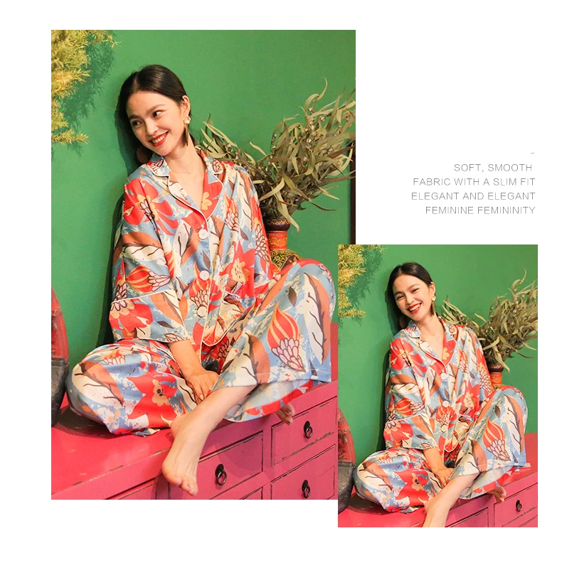 Повседневная Пижама Женская атласная пижама Весна Лето длинный рукав свободный пижамный комплект винтажный принт пижамы ins Мода