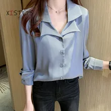 

Double-layer Collar Women Satin Blouses Shirts Female OL Style Chiffon Blouses 2021 New Ladies Office Work Wear Tops White Blue