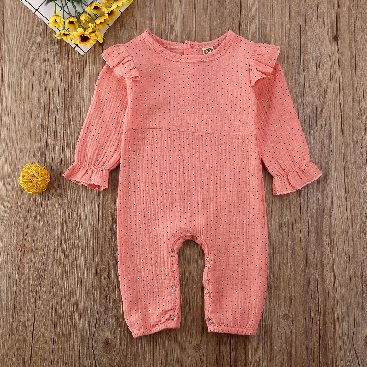 Pink Romper Комбинезон/платье для новорожденных девочек от 0 до 24 месяцев платье в горошек с длинными рукавами комбинезон с оборками, комбинезон, одежда - Цвет: Pink Romper