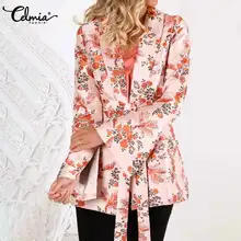 Женский винтажный блейзер с цветочным принтом, осеннее пальто с длинным рукавом, повседневная верхняя одежда, офисные жакеты, женские топы с поясом размера плюс