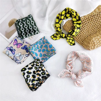 

50*50cm Butterfly Floral Print Bandana Round Chain Stripes Hair Tie Band Square Scarf Head-Neck Satin Silk Scarf Head Kerchief