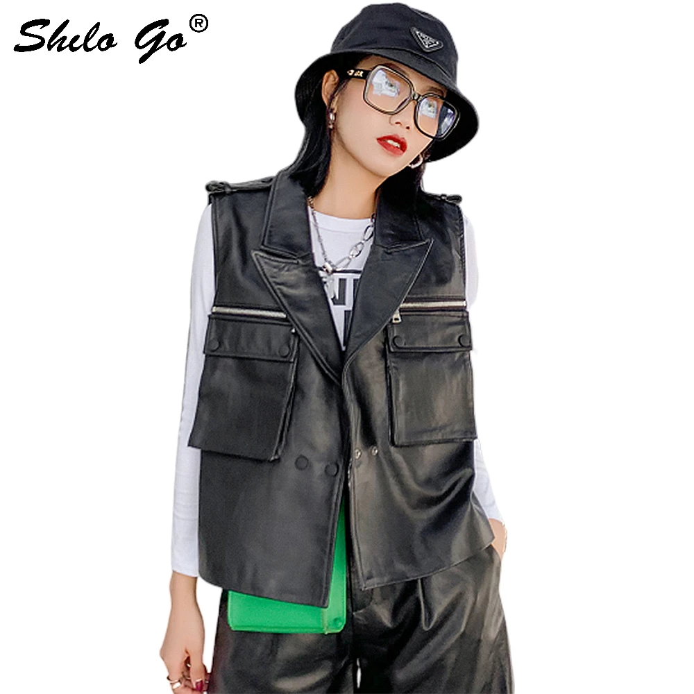 

Genuine Leather Vest Safari Style Notched Neck Pocket Front Button Front Sleeveless Sheepskin Vest Women Autumn Casual Outwear