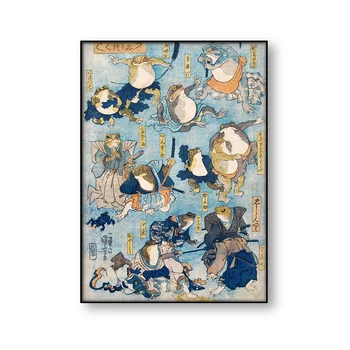 

Vintage Frog Art Canvas Print Famous Heroes Kabuki Stage Played by Frogs Antique Japanese Woodblock Wall Art Canvas Painting