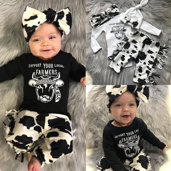 

Newborn Infant Baby Girl Clothes Cow Letter Romper+ Pants+ Headband Outfits Set