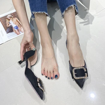 

3-11 pointy toe heels square buckle female shoes kitten heel two piece daily comfortable fashion woman pumps Satin Good Quality