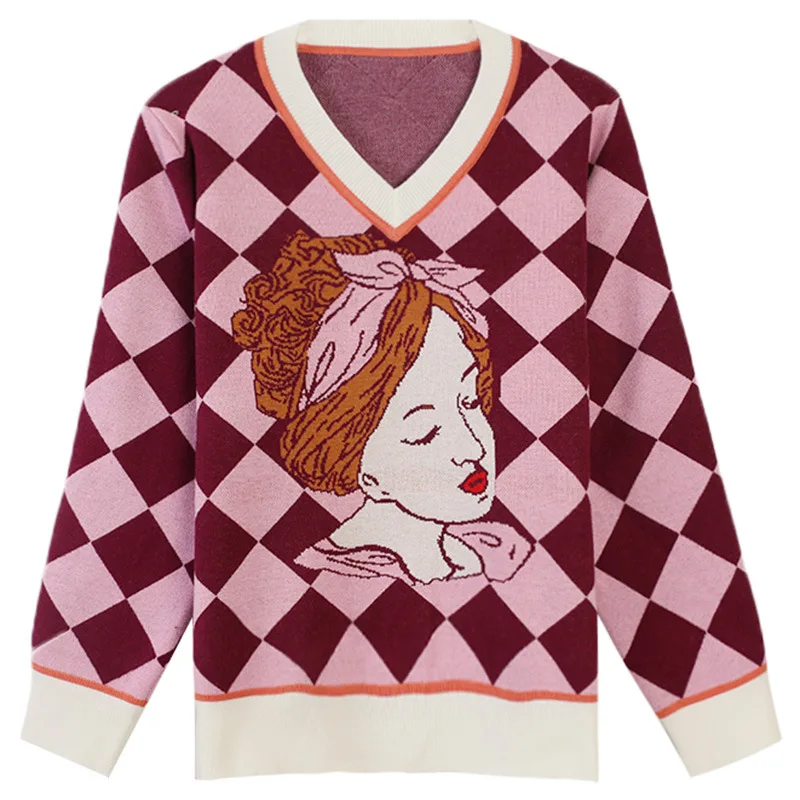 

2019 the new autumn head long-sleeved impingement pattern woman embroidered V-collar loose knitted coat V-Neck Pullovers sweater