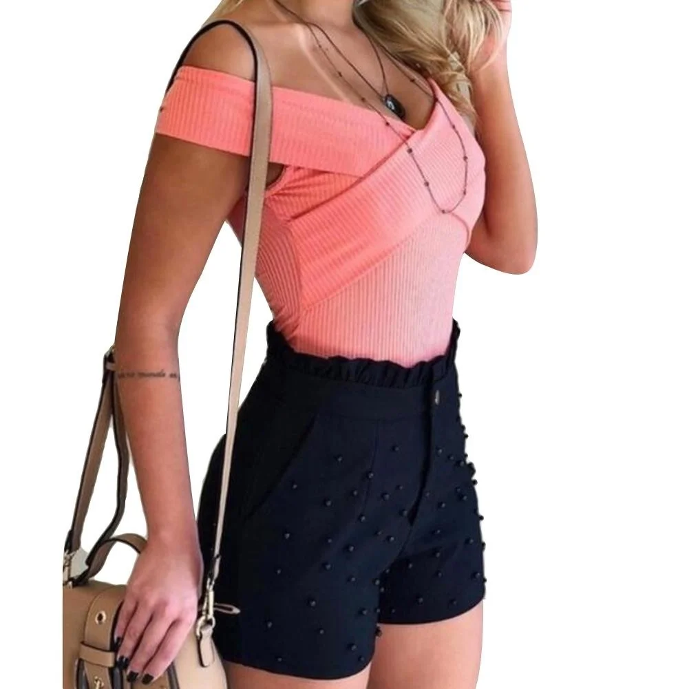Calções de Verão Feminino com Folhos Nova Moda Sólida Cintura Alta Botões Contas Verão 2022 Cor 2 Computers & Electronics