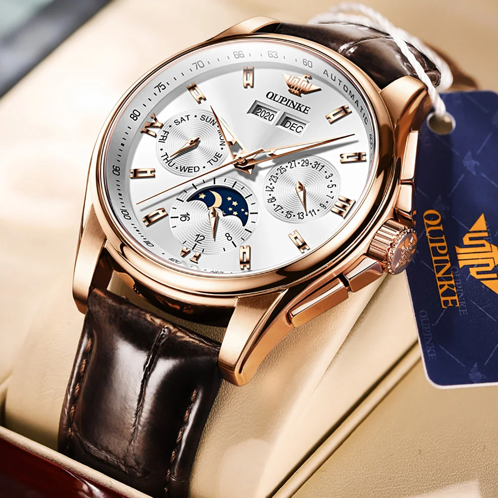 OUPINKE Men's Classic Automatic Mechanical Watch Waterproof Leather Strap Automatic Movement High Quality Watches