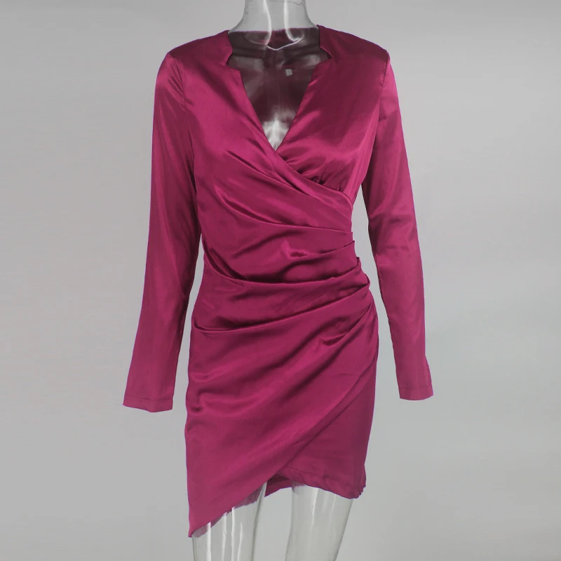 Slaygirl Обёрточная бумага облегающее летнее платье Для женщин пятен с глубоким v-образным вырезом, розовое сексуальное Вечерние платье элегантный женский с длинным рукавом однотонное мини-платье