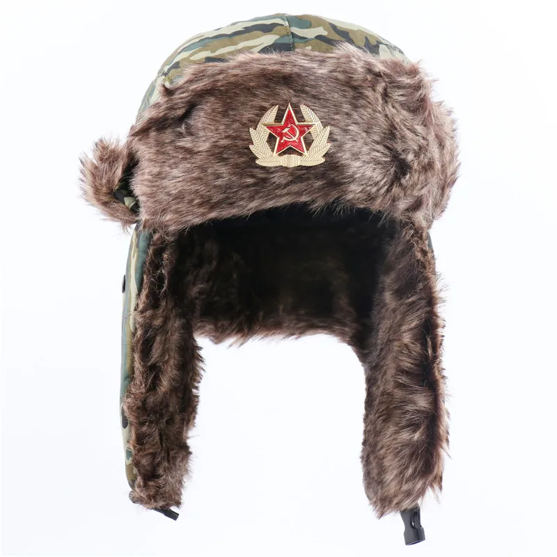 Soviet Army Bomber Hats Winter Trooper Trapper Hat Ushanka Russian Hat with Faux Fur Outdoor Sports Skiing Warm Ear Flaps Hat