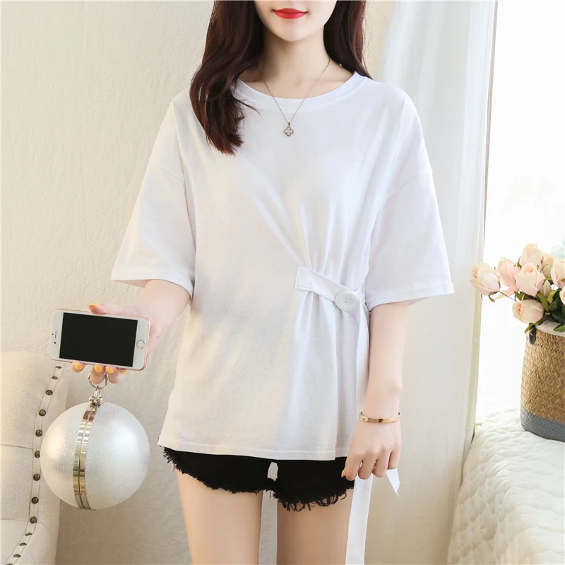 

Women Summer Basic Tshirt korean casual oversized Cotton T Shirt Short Sleeve Solid asymmetry white green Tops Female T-shirts