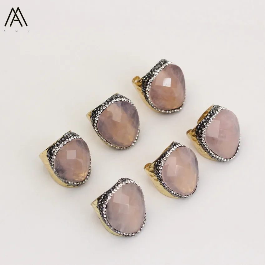 

5PCS Beautiful Water Drop Finger Ring,Gold Copper Paved Rhinestones Natural Pink Quartz Open Ring Women Wedding Gift YT-127