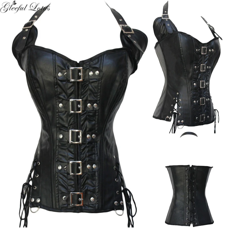 Leather601black Сексуальное кожаное бюстье стимпанк корсет на стальной основе овербюст на шнуровке женский жилет Талия Cincher Корсеты Черный Плюс Размер 6XL - Цвет: Leather601black