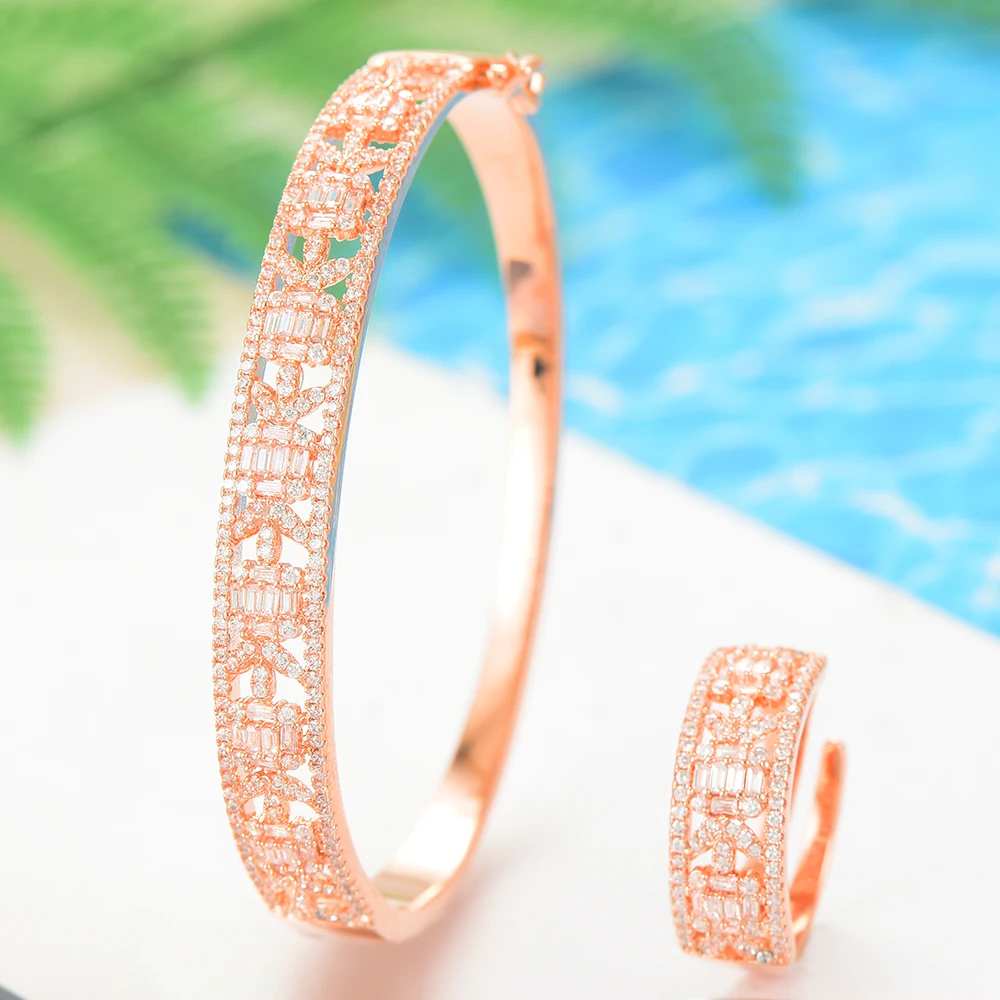 

LARRAURI New Fashion Romantic Design Open Bangle Ring Jewelry Set for Women Bridal Engagement Wedding Anniversary Accessories