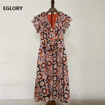 

High Quality Silk Dress 2020 Summer Style Women V-Neck Chic Print Short Sleeve Belt Patchwork Short Sleeve Mid-Calf Dress Female