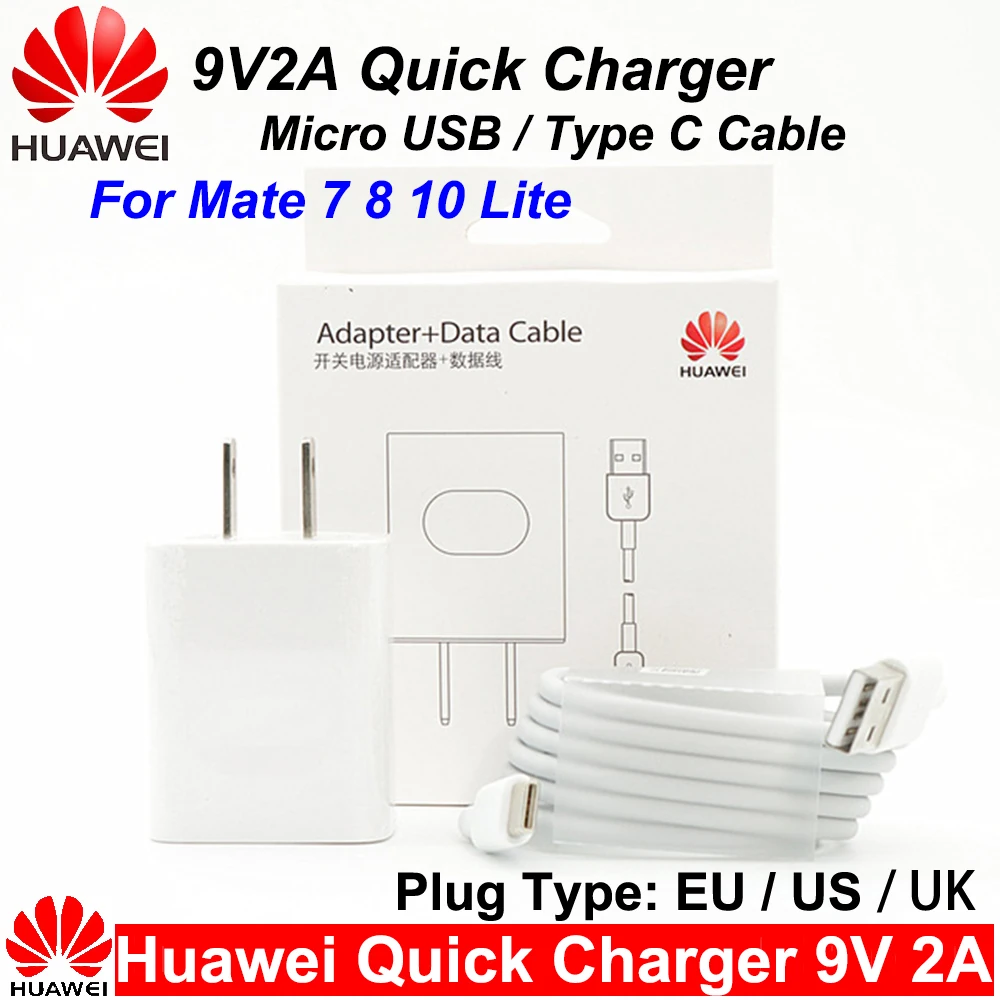 Huawei 9V2A UK/EU/US Fast Charger QC2.0 Quick Charge Adapter Type C/Micro USB Cable For Mate 7 8 10Lite P8 9 Honor | Мобильные