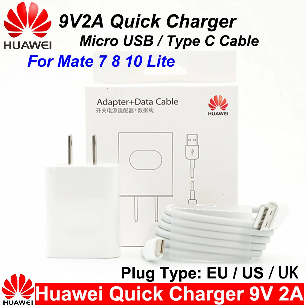 Huawei 9V2A UK/EU/US Fast Charger QC2.0 Quick Fast Charge Adapter Type C/Micro USB Cable For Mate 7 8 10Lite P8 9 10Lite Honor 8 usb charger