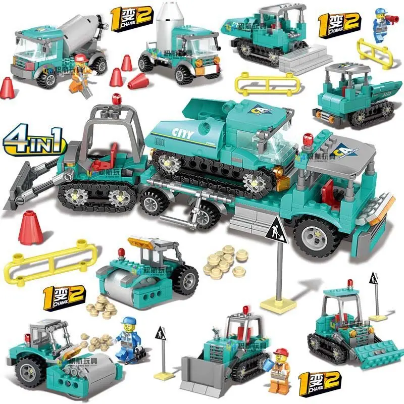 KAZI 80458 Assembled building blocks toy boy city engineering 4 in 1 trailer trailer children insert model