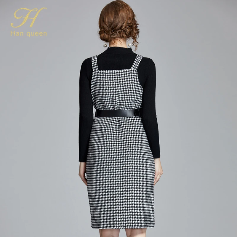 H Han queen Vestidos, 2 предмета, вязаный пуловер и клетчатое однобортное платье, женское элегантное офисное повседневное женское вечернее платье