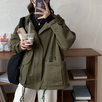 

Large pocket drawstring hooded frock coat women 2019 autumn Korean short trench coat jacket coat women harajuku
