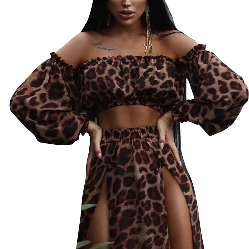 Women Beach 2pcs Leopard Bikini Cover-Ups Swimsuit Off Shoulder Top High Waist Beach Dresss Sexy Ladies Bikini Cover Up Beach cover Swimsuit cover Beach dress
