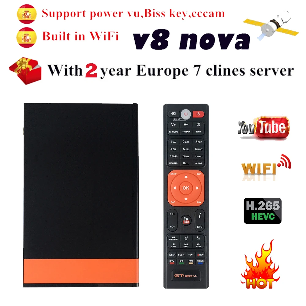 GTMedia V8 Nova Full HD H.265 DVB-S2 декодер спутниковый ресивер 2 года Европа Испания Cccam Cline встроенный Wifi Freesat V9 супер