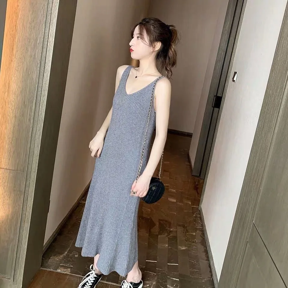 Women's Spring Summer Style Slim Dress knitted Sleeveless V-Neck Casual A-Line SS1206 | Женская одежда
