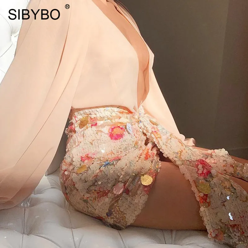 SIBYBO Блестки Высокая талия сексуальные юбки женские модные цветочные печати обтягивающие мини женские юбки V тип элегантные вечерние юбки