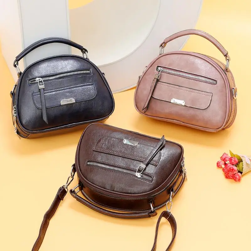 

Elegant Women Shoulder Crossbody Bag Leather Pure Shell Shape Double Layer Zipper Top-handle Messenger Shopping Bags