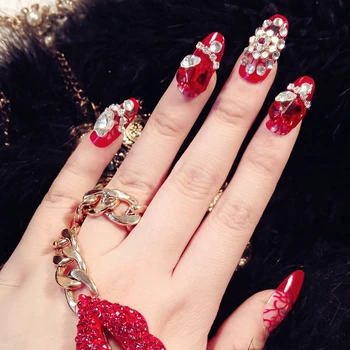 

Luxury Jewelry new solid color bridal wedding fake nails long round head 24pcs red