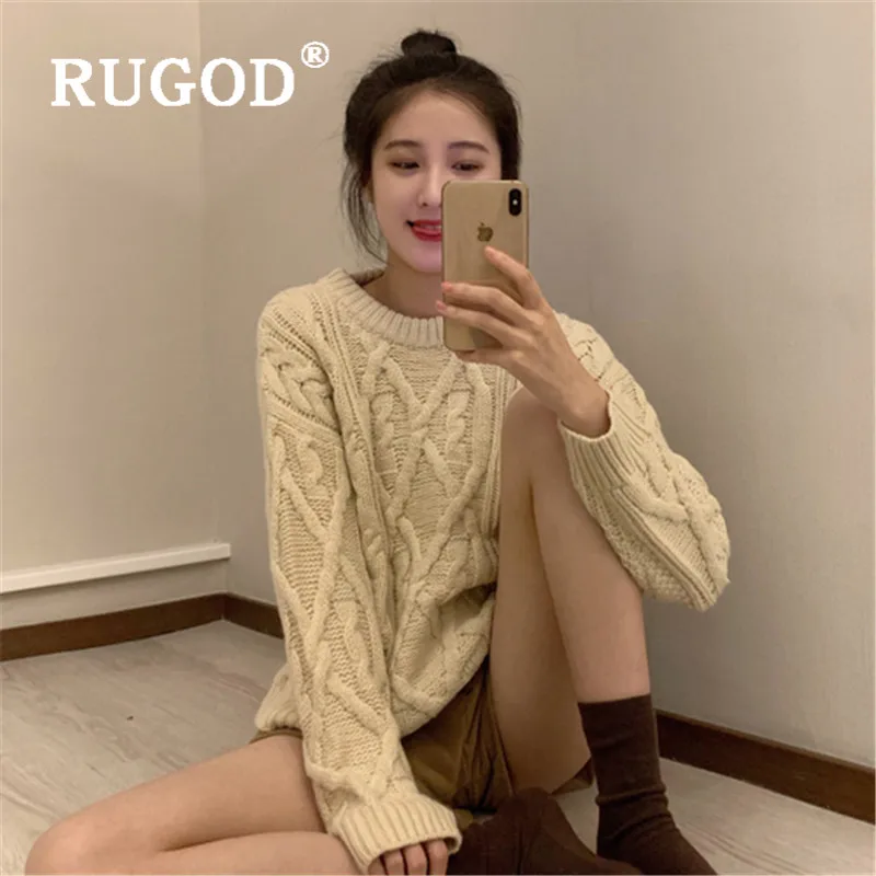 RUGOD, Осень-зима, новый стиль, шикарный однотонный вязаный свитер с круглым вырезом и узором, Свободный пуловер, зимние топы для женщин