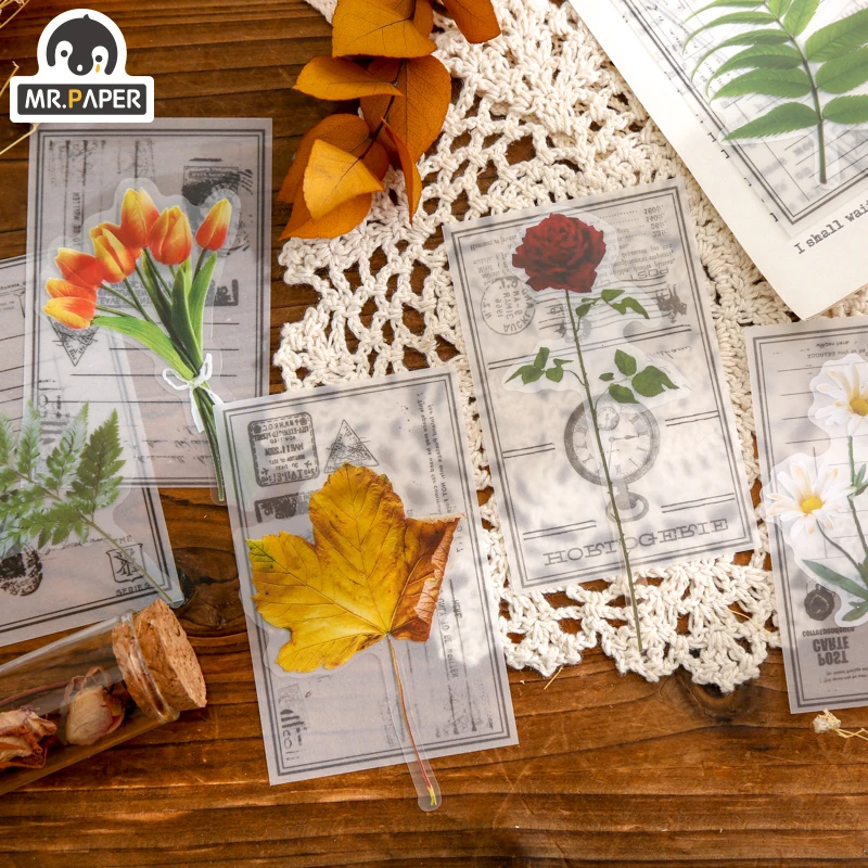 Mr.paper 6 Designs 12 Pcs/bag Bottled Flowers Series Plant Style Butterfly Flower Hand Account Material DIY Decoration Stickers