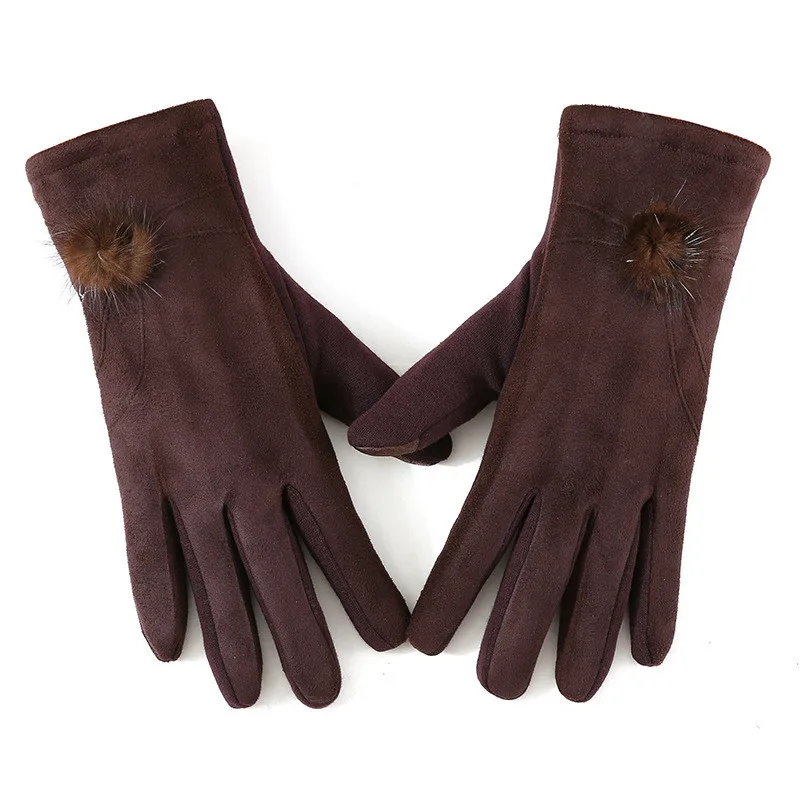 Модные женские зимние элегантные хлопковые перчатки с искусственным кроличьим мехом и помпоном, хлопковые перчатки с сенсорным экраном, теплые водительские перчатки, варежки